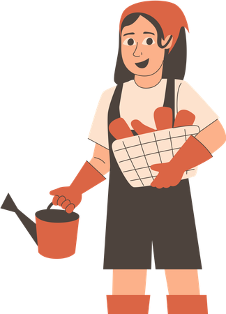 Female farmer holding carrot basket and water can  Illustration