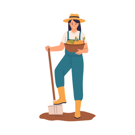 Female Farmer Holding Harvest Basket  Illustration