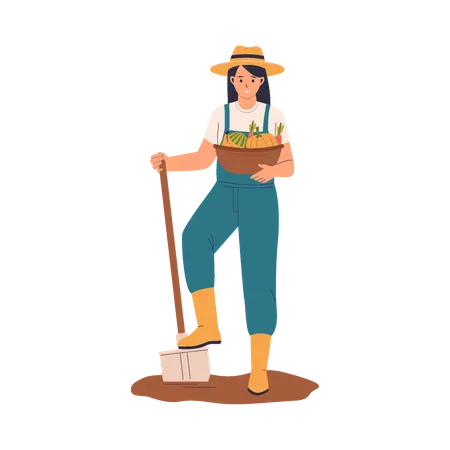 Female Farmer Holding Harvest Basket  Illustration