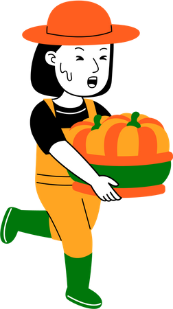 Female farmer holding pumpkin basket  イラスト