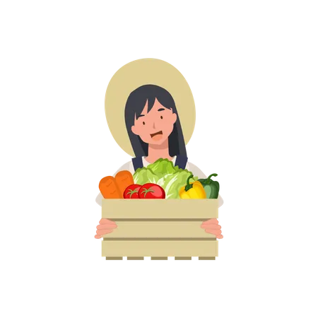 Female farmer holding vegetables cart Illustration