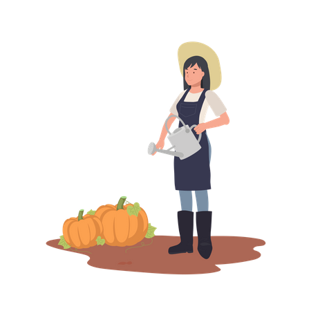 Female farmer holding watering can near pumpkin garden  イラスト