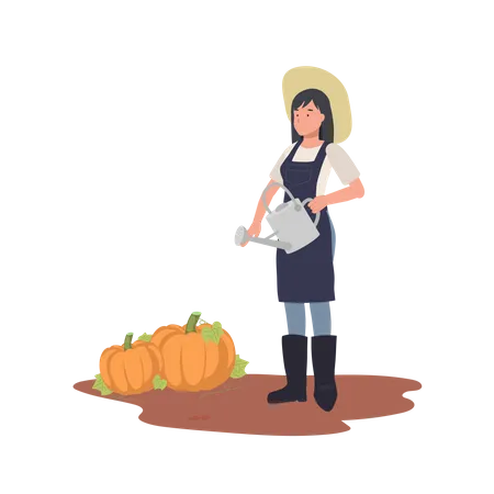 Woman Farmer Holding Watering Can Near Pumpkin Garden Flat Vector Cartoon Character Illustration イラスト