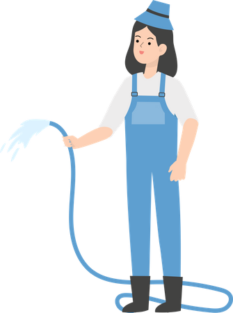 Female Farmer holding watering pipe Illustration