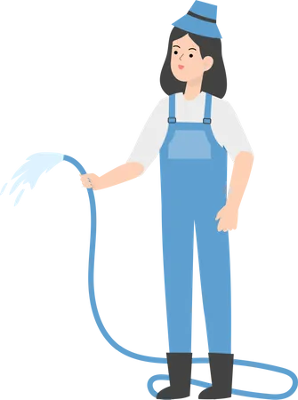 Female Farmer holding watering pipe Illustration