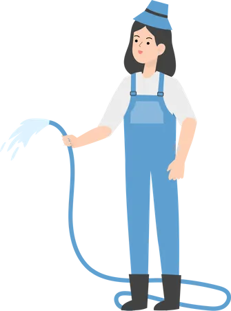 Female Farmer holding watering pipe  Illustration