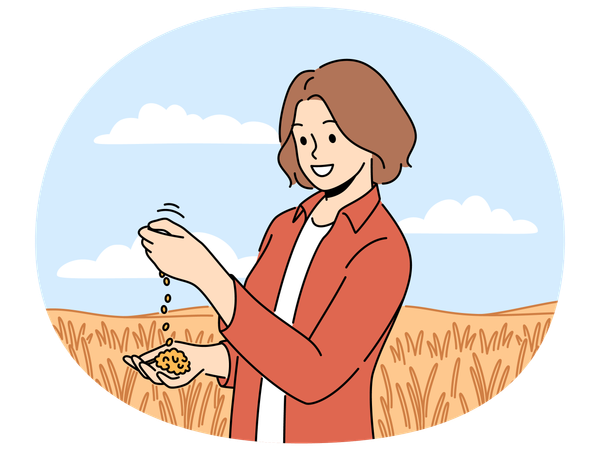 Female farmer inspect crops in field  Illustration
