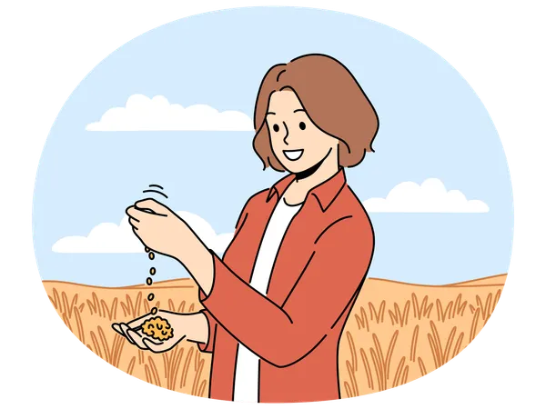 Female farmer inspect crops in field  Illustration