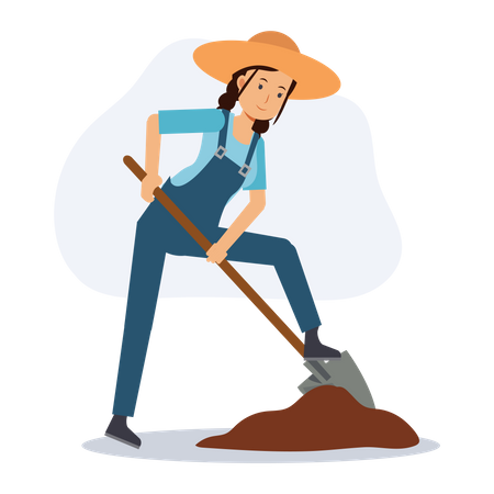 Female farmer is digging soil by shovel Illustration