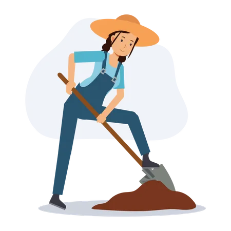 Female Farmer Is Digging Soil By Shovel Flat Vector 2 D Cartoon Character Illustration Illustration