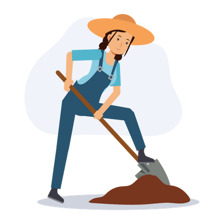 Female farmer is digging soil by shovel  Illustration