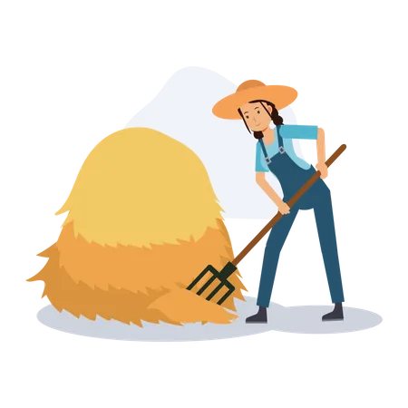 Female Farmer is sweeping straw near haystack Illustration