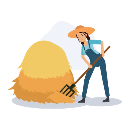 Female Farmer is sweeping straw near haystack  Illustration