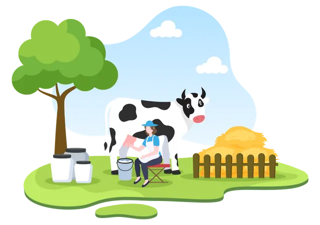 Farmers Are Milking Cows To Produce Or Obtain Milk With Views Of Green Meadows Or On Farms In An Illustration Flat Style Illustration