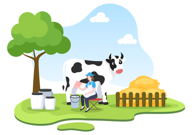 Female farmer milking cow  Illustration