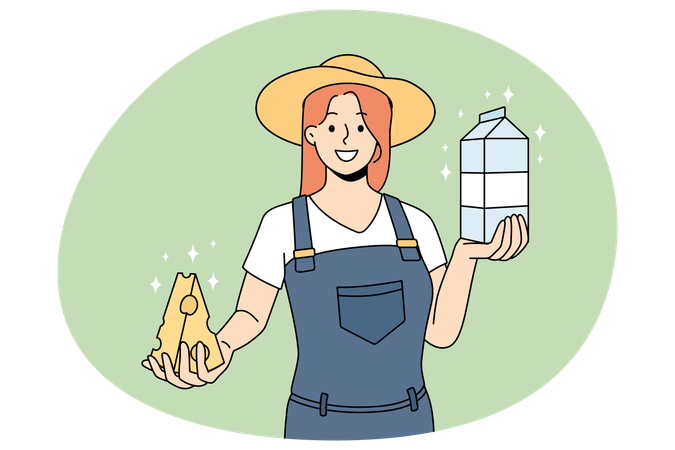 Female farmer offer organic dairy products  Illustration