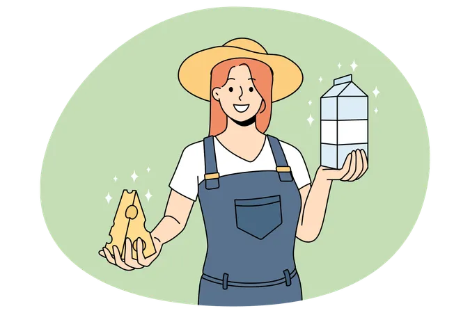 Female farmer offer organic dairy products  Illustration