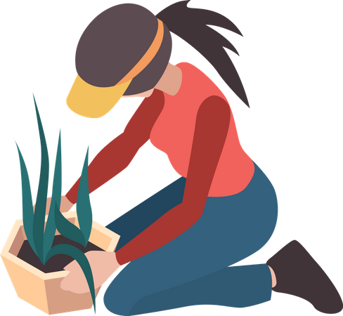 Female farmer planting crop in pot  Illustration