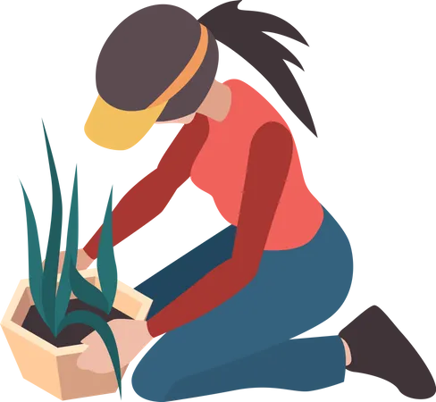 Female farmer planting crop in pot  Illustration