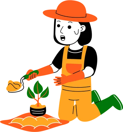 Female farmer planting plant  Illustration