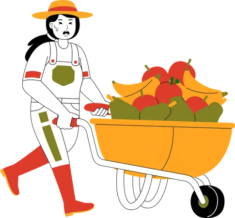 Female Farmer Pushing Trolley Filled With Fruits  Illustration