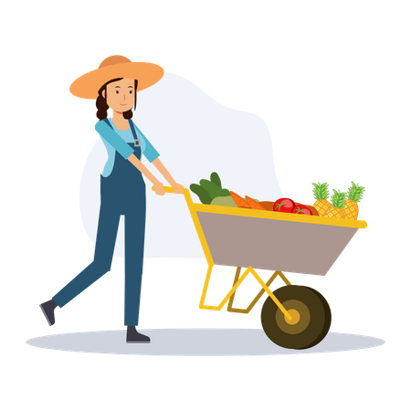 Female farmer pushing vegetables cart  Illustration