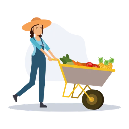 Female farmer pushing vegetables cart  Illustration