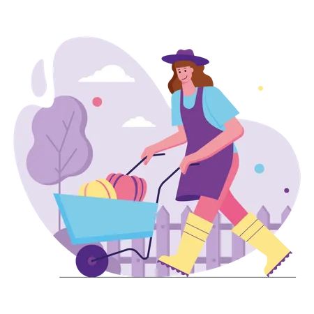 Garden Work And Growing Plants Modern Flat Concept Woman Pushing Wheelbarrow With Harvest Of Vegetables Agriculture And Crop Production Vector Illustration With People Scene For Web Banner Design Illustration