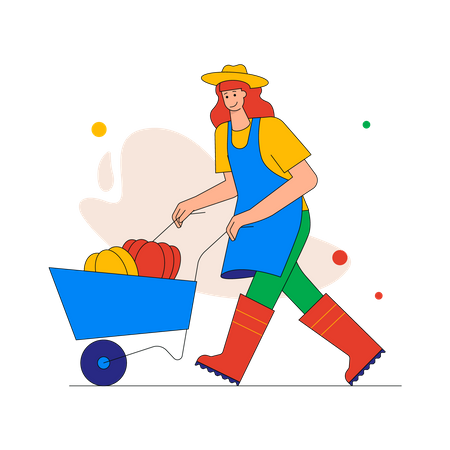 Female farmer pushing wheelbarrow with harvest of vegetables Illustration