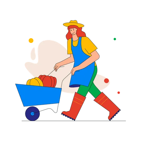 Female farmer pushing wheelbarrow with harvest of vegetables  Illustration