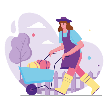 Female farmer pushing wheelbarrow with harvest of vegetables  Illustration