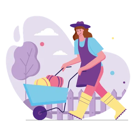 Female farmer pushing wheelbarrow with harvest of vegetables  Illustration