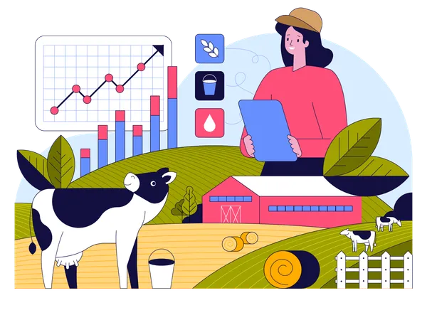 Female farmer runs farm dairy production on tablet using data  Illustration