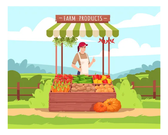 Female Farmer Sell Eco Products Semi Flat Vector Illustration County Fair Counter With Food Local Production Of Fresh Vegetables Agriculture Business Owner 2 D Cartoon Characters For Commercial Use Illustration