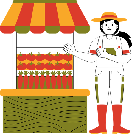 Female Farmer Selling Vegetables At Market  Illustration