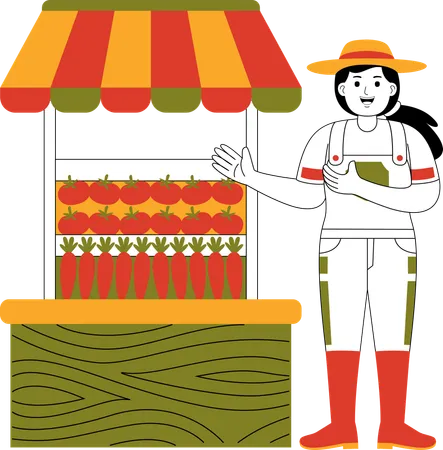 Female Farmer Selling Vegetables At Market  Illustration