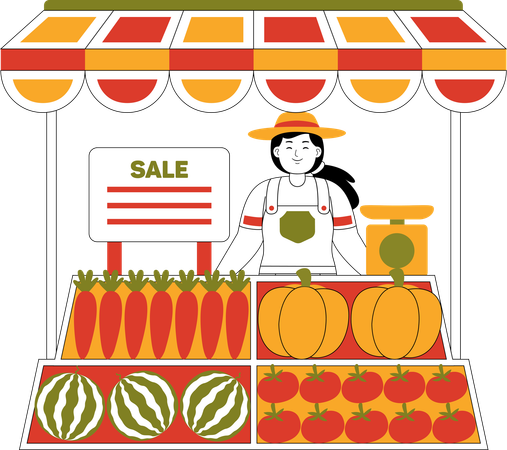 Female Farmer Selling Vegetables At The Market  Illustration