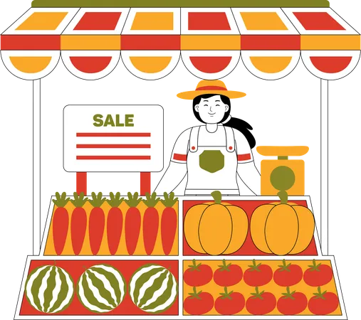 Female Farmer Selling Vegetables At The Market  Illustration