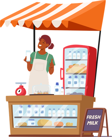 Female farmer sells dairy products  イラスト