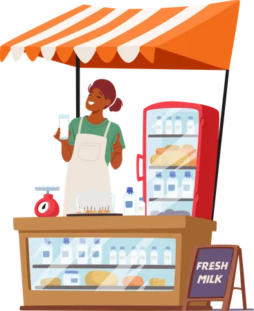 Female Farmer Character Stands Proudly Behind A Stall Arrayed With Fresh Dairy Products Milk Cheese Butter And Yogurt Promises Farm To Table Natural Goods Cartoon People Vector Illustration Illustration