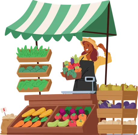 Female Farmer Character Proudly Displays A Vibrant Array Of Fresh Vegetables And Greenery At Market Stall Showcasing Rich Colors And Variety Of The Harvested Bounty Cartoon People Vector Illustration Illustration