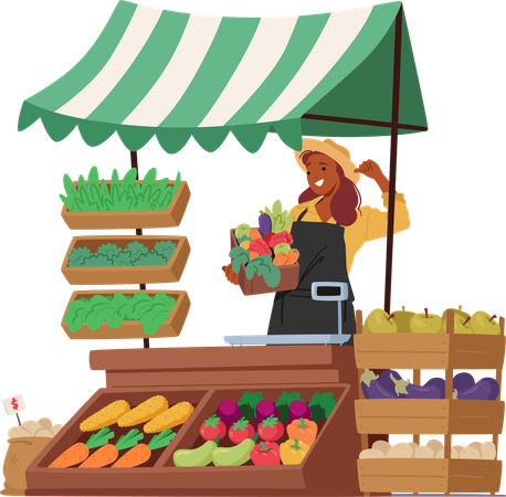 Female farmer sells vegetables  Illustration