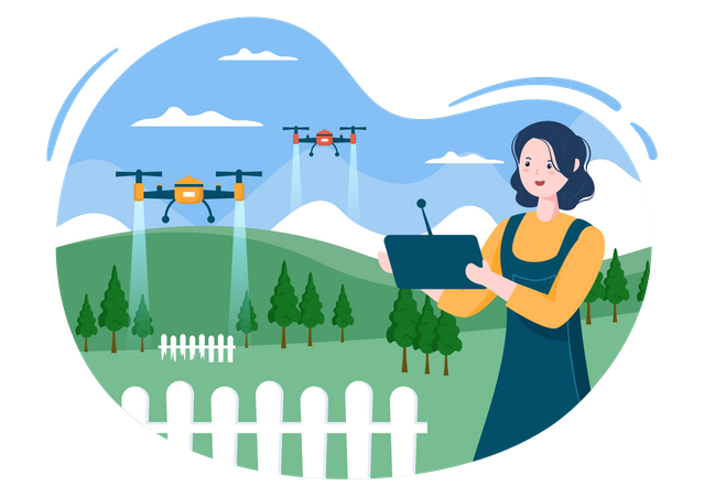 Female farmer using drone for irrigation Illustration
