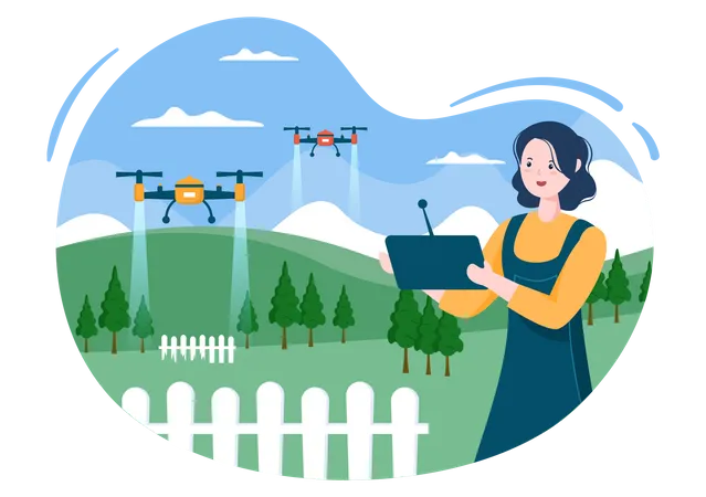 Female farmer using drone for irrigation  Illustration