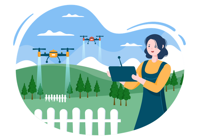 Female farmer using drone for irrigation  Illustration