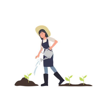 Female Farmer Watering Garden Female Gardener Works Farming Grows Vegetables And Waters Agriculture Landscape And Farmer Vector Concept Illustration