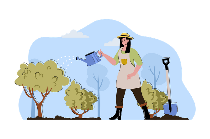 Female farmer watering in farm  Illustration