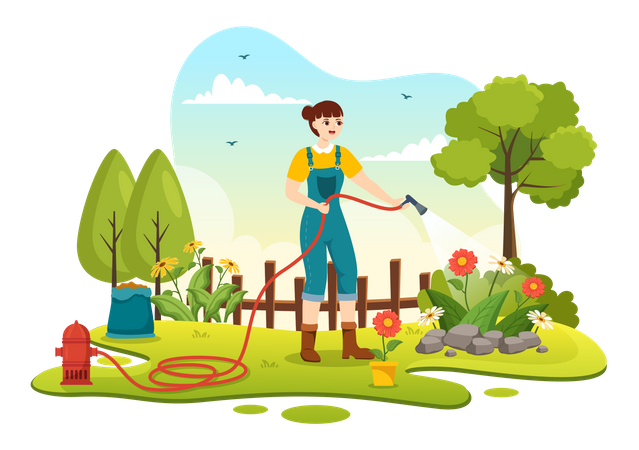 Female farmer watering plants  Illustration