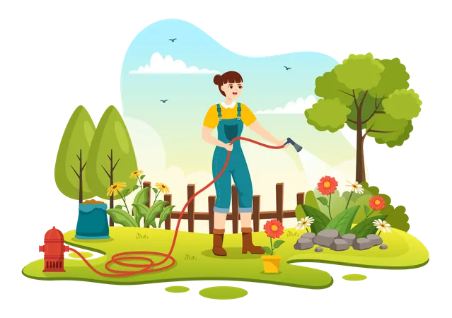 Gardener Illustration With Garden Tools Farming Grows Vegetables In Botanical Summer Gardening Flat Cartoon Hand Drawn For Landing Page Templates イラスト