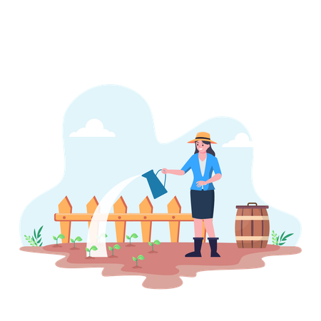 Female Farmer Watering Plants  Illustration